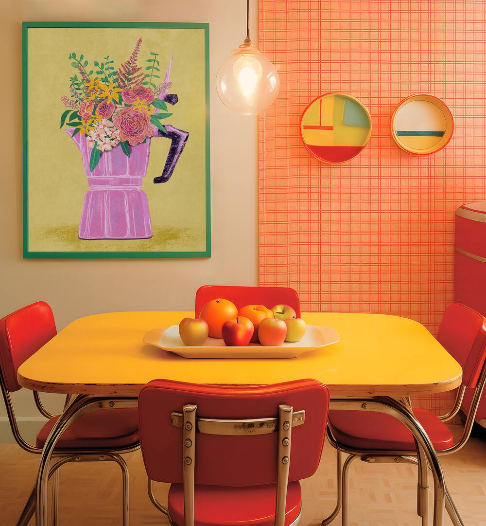 Bright and vibrant, the ESPRESSO MAKER WITH FLOWERS, FLORAL FLOWER PAINTING adds a touch of nature to any modern space.