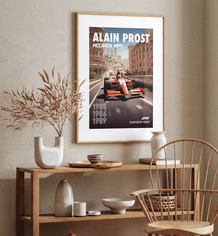 F1 ALAIN PROST - MCLAREN, CAR POSTERS showcasing the iconic McLaren MP4, perfect for racing enthusiasts' wall art.