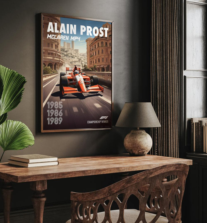F1 ALAIN PROST - MCLAREN, CAR POSTERS showcase the iconic McLaren MP4 in stunning wall art for racing fans.
