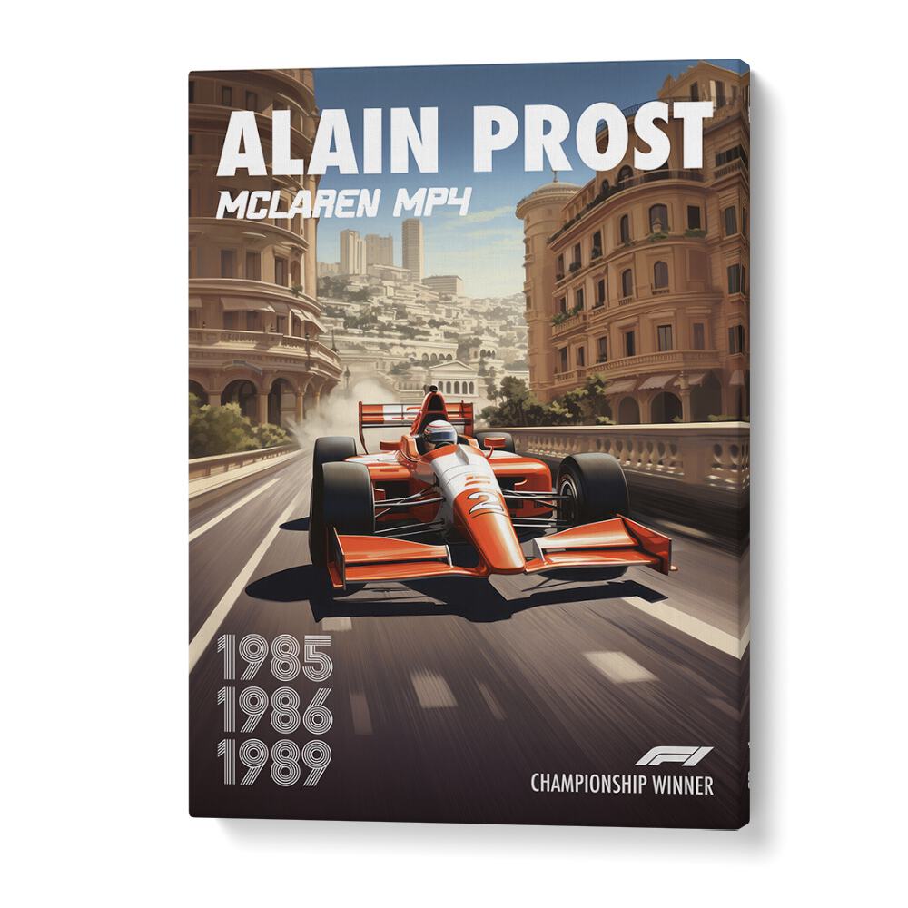 F1 ALAIN PROST - MCLAREN, CAR POSTERS showcase the iconic McLaren MP4 in stunning wall art for racing fans.