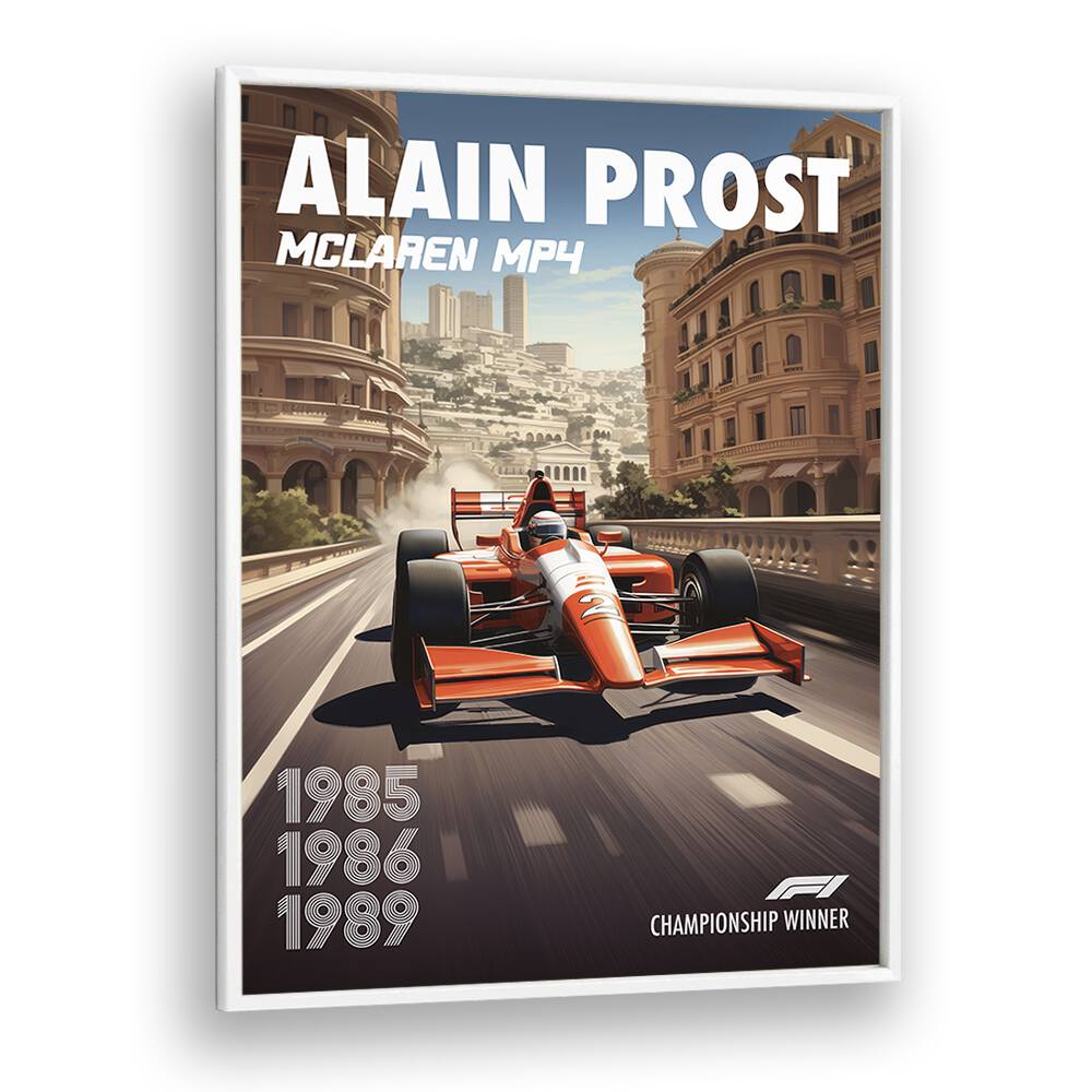 F1 ALAIN PROST - MCLAREN, CAR POSTERS showcasing the iconic McLaren MP4, perfect for racing enthusiasts' wall art.