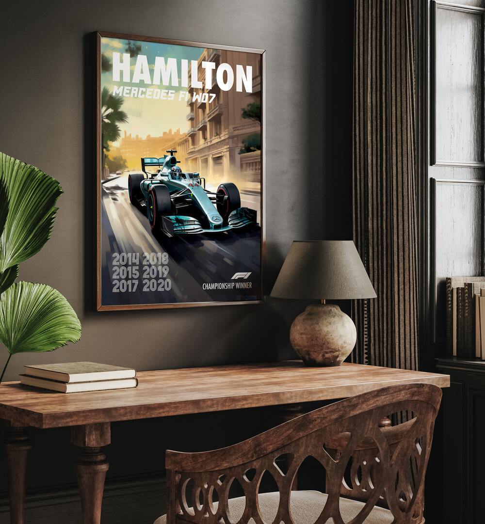F1 - HAMILTON MERCEDES, CAR POSTERS showcase the dynamic F1 W07, perfect for racing fans and home decor.
