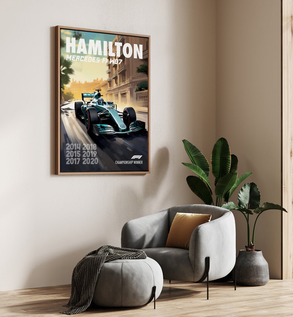 F1 - HAMILTON MERCEDES, CAR POSTERS showcase the iconic Hamilton F1 W07, celebrating racing excellence in style.