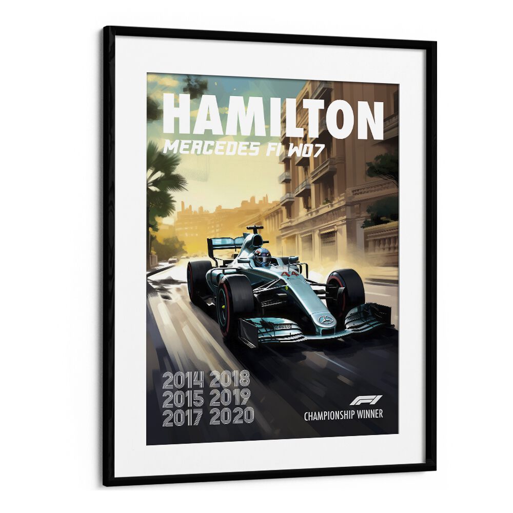 F1 - HAMILTON MERCEDES, CAR POSTERS showcase the F1 W07, celebrating racing excellence in a stylish black frame.