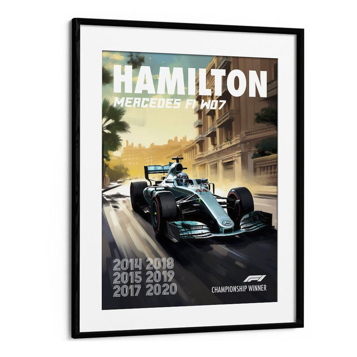 F1 - HAMILTON MERCEDES, CAR POSTERS showcase the F1 W07, celebrating racing excellence in a stylish black frame.