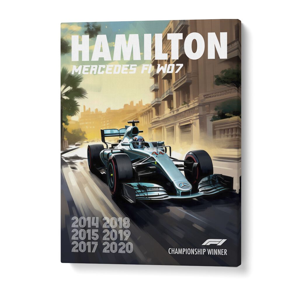 F1 - HAMILTON MERCEDES, CAR POSTERS showcase the dynamic F1 W07 car celebrating Hamilton's racing excellence.