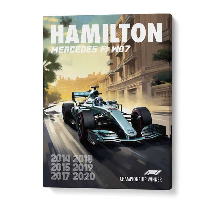 F1 - HAMILTON MERCEDES, CAR POSTERS showcase the dynamic F1 W07 car celebrating Hamilton's racing excellence.
