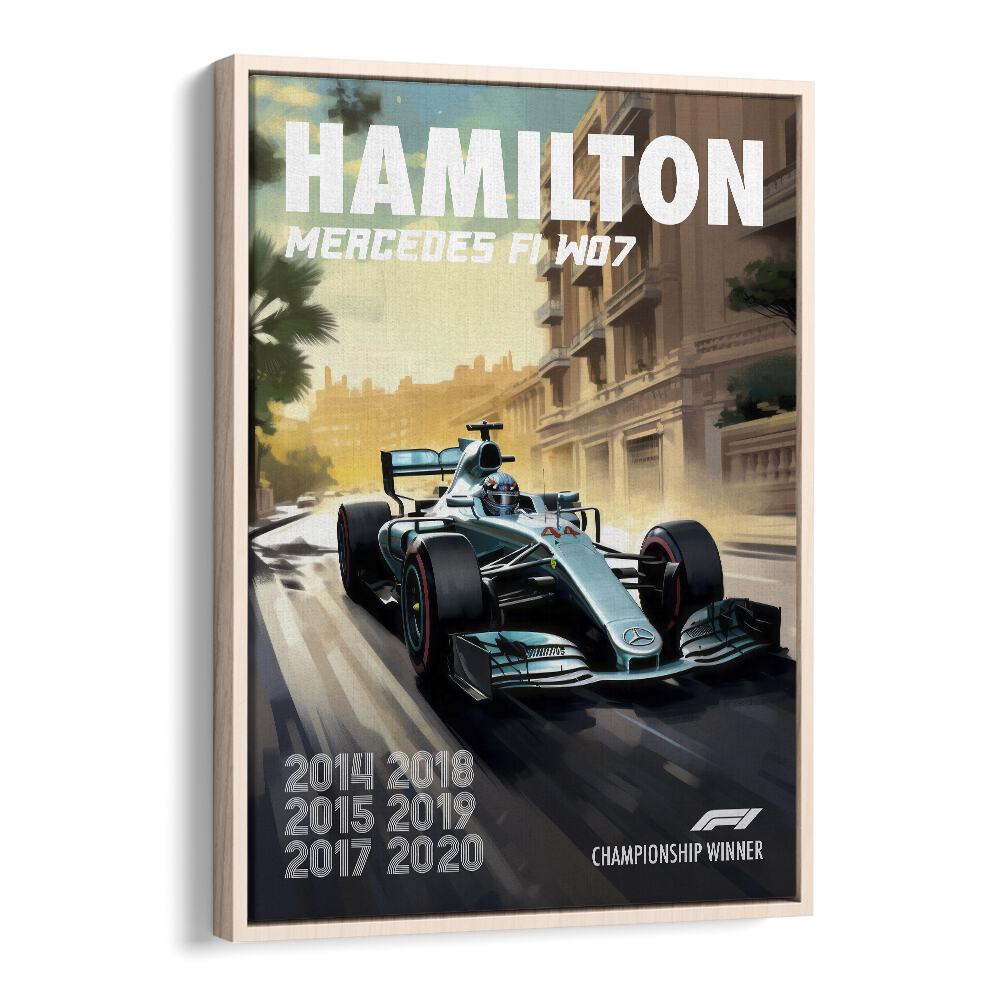 F1 - HAMILTON MERCEDES, CAR POSTERS showcasing the stunning F1 W07 in a sleek oak wood floater frame.