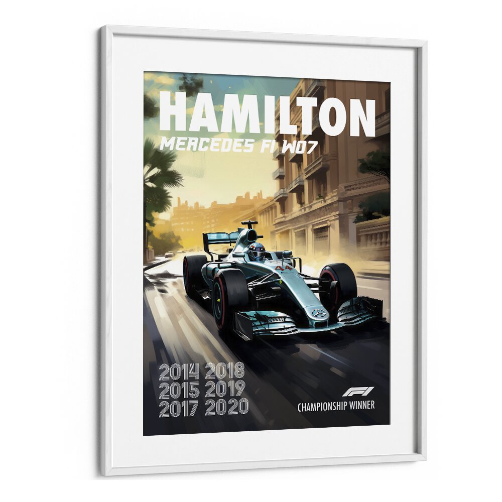 F1 - HAMILTON MERCEDES, CAR POSTERS showcase the iconic F1 W07 in a stunning framed design, perfect for racing fans.
