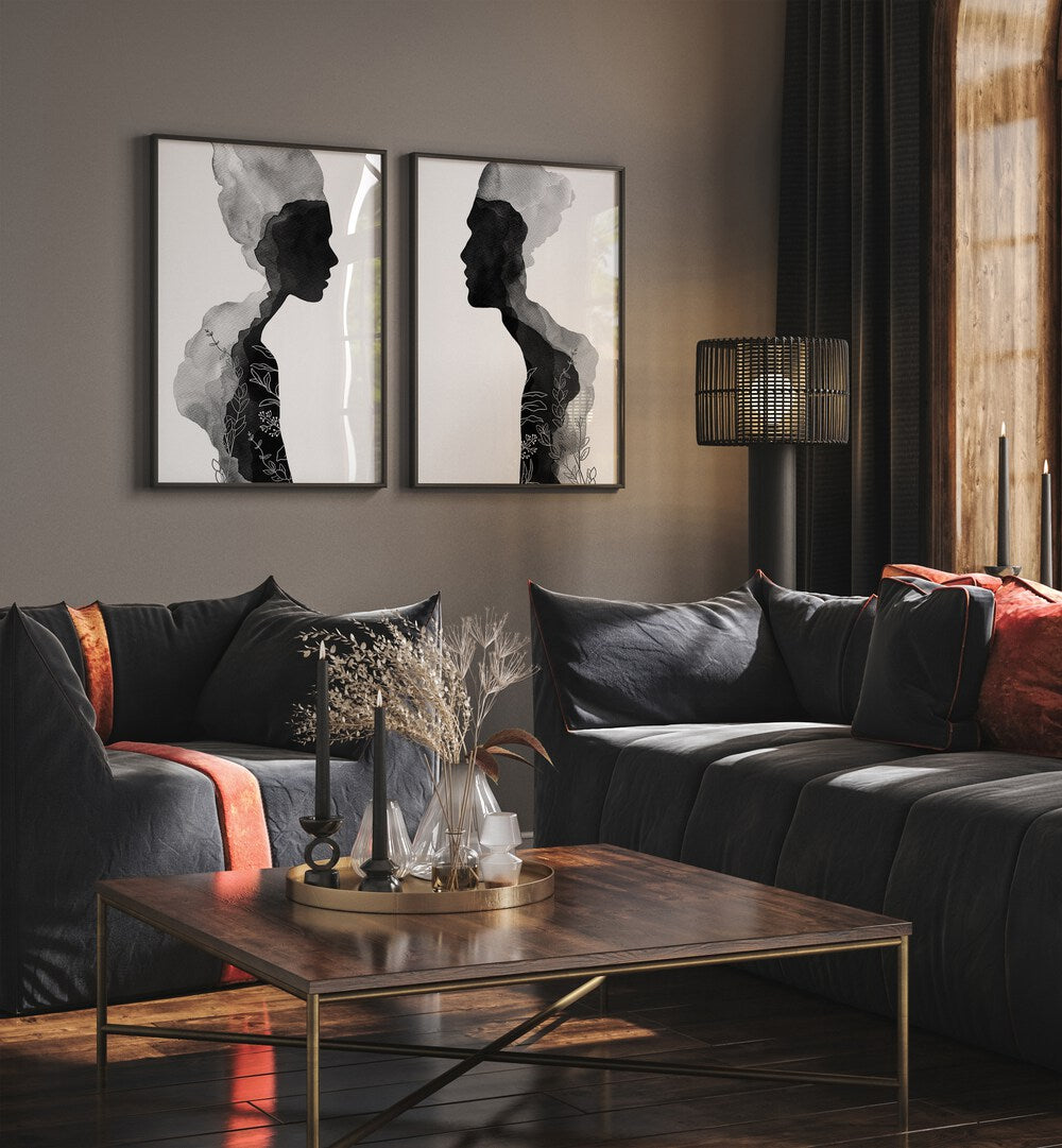Captivating FACE OFF SET, SET OF 2 PAINTINGS from Asian Monk features elegant black-and-white silhouette art.