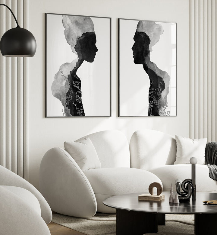 Enhance your decor with the FACE OFF SET, SET OF 2 PAINTINGS featuring elegant black-and-white silhouettes from Asian Monk.