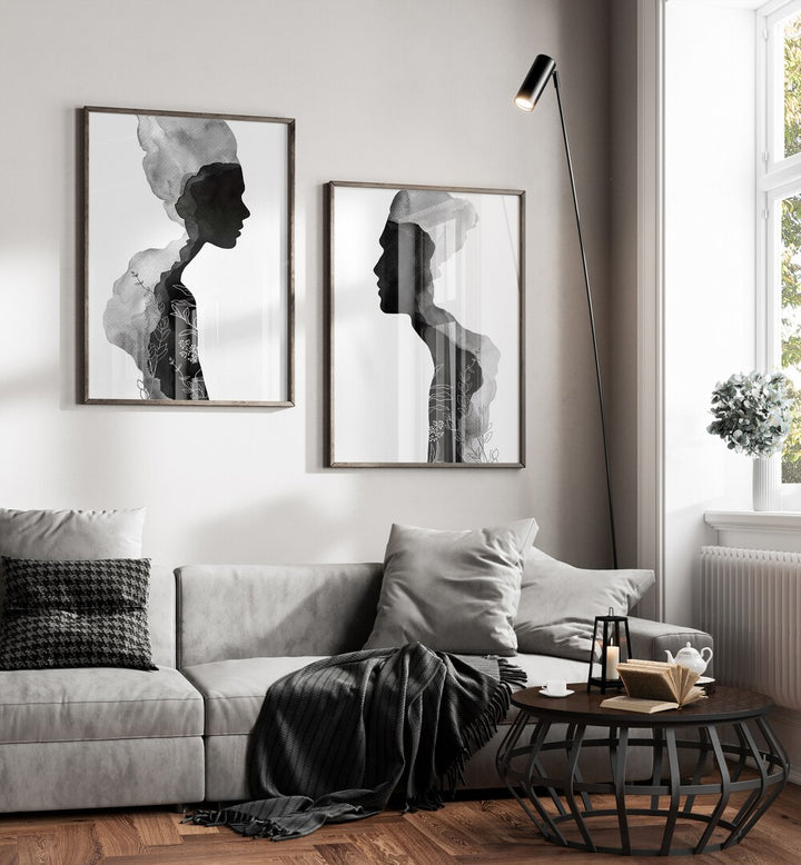 Enhance your space with the FACE OFF SET, SET OF 2 PAINTINGS from Asian Monk, showcasing elegant black-and-white silhouettes.
