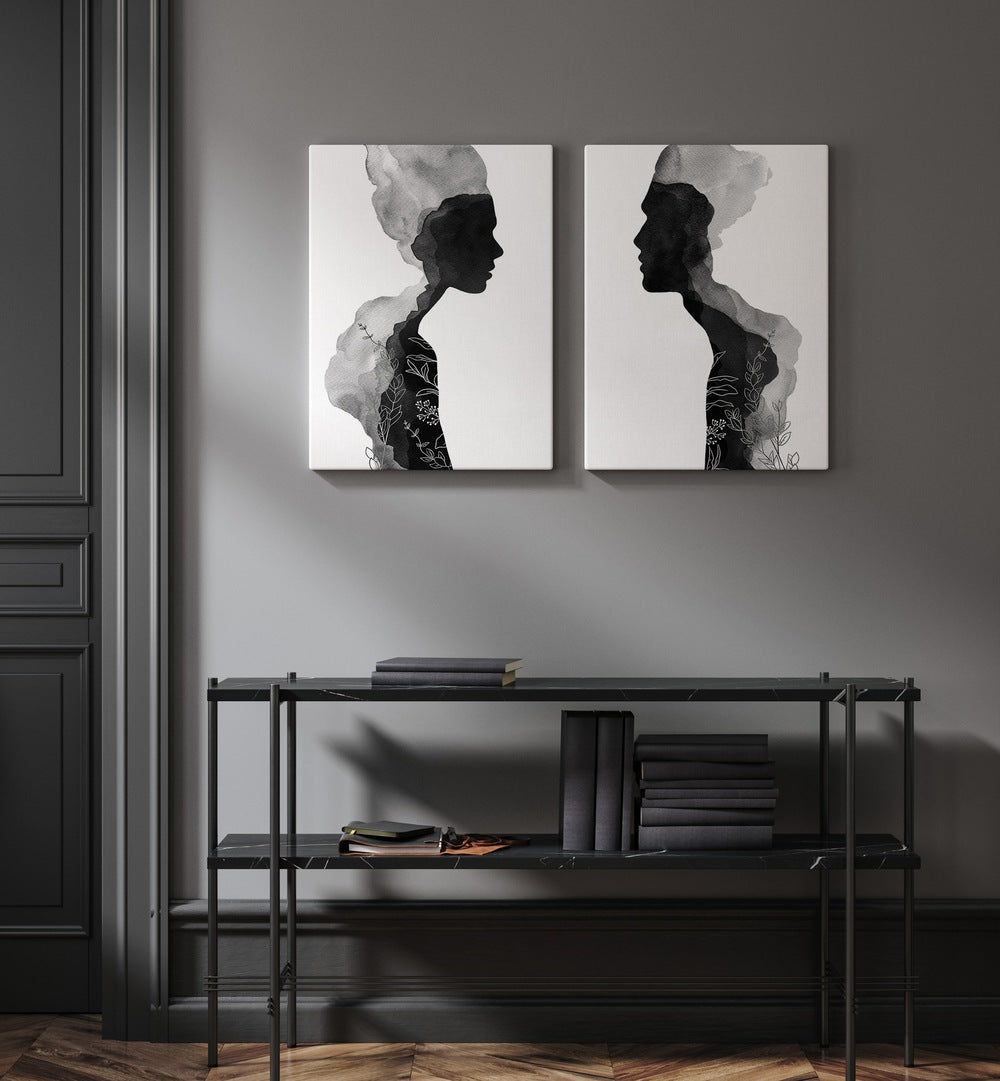 Bold silhouettes define the FACE OFF SET, SET OF 2 PAINTINGS from Asian Monk, perfect for transforming any room.