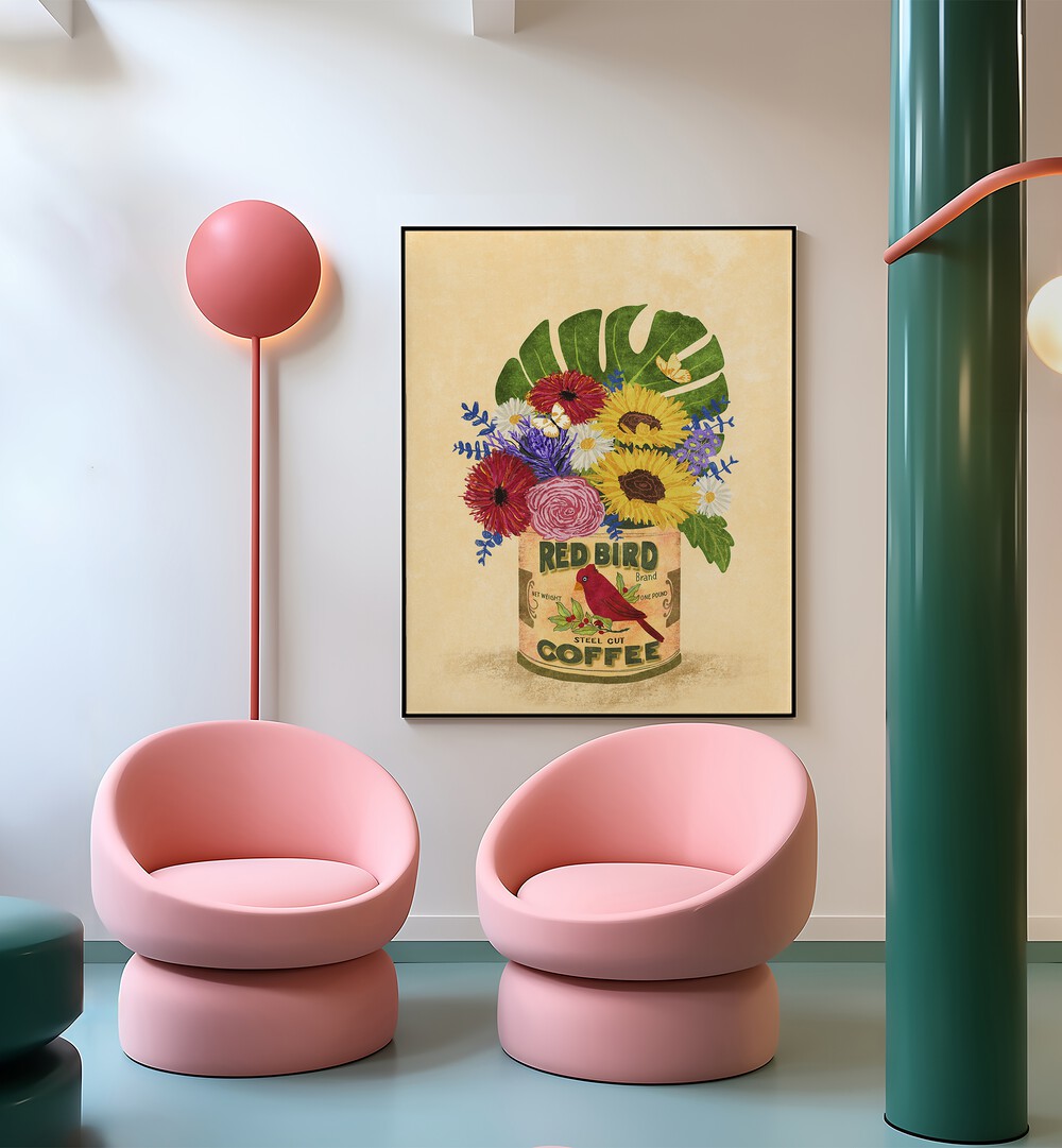 Bright floral arrangement in a vintage coffee can, featured in the "FLOWERS IN A VINTAGE COFFEE, FLORAL FLOWER PAINTING."