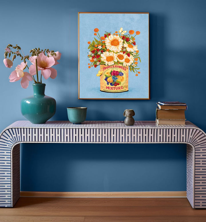 Vibrant FLOWERS IN A VINTAGE TEA CAN, FLORAL FLOWER PAINTING enhancing a chic living space with elegance.