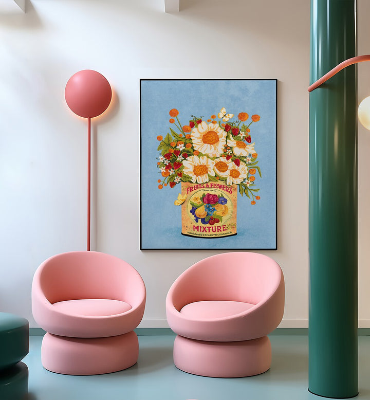 Bright and colorful "Flowers In A Vintage Tea Can, Floral Flower Painting" enhances modern decor by Raissa Oltmanns.