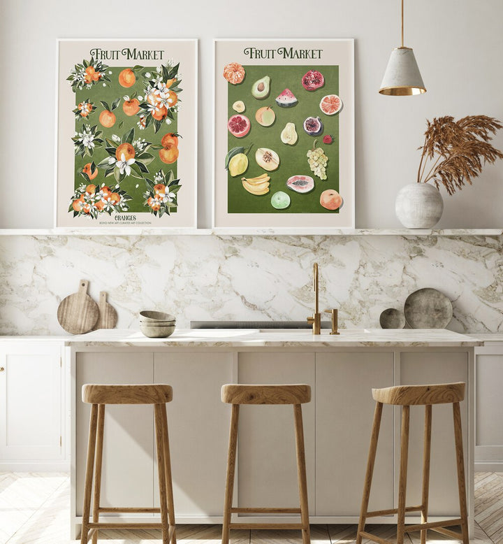 Brighten your home with the FRUIT MARKET VOL - V, SET OF 2 PAINTINGS showcasing vibrant fruits and floral designs.