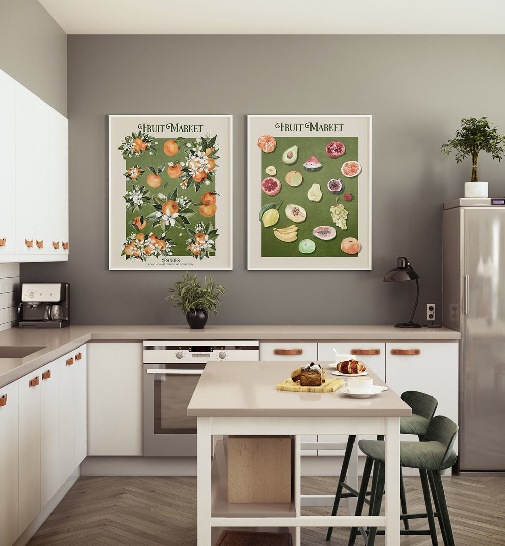 Brighten your space with the FRUIT MARKET VOL - V , SET OF 2 PAINTINGS, showcasing vibrant fruit art for your kitchen.