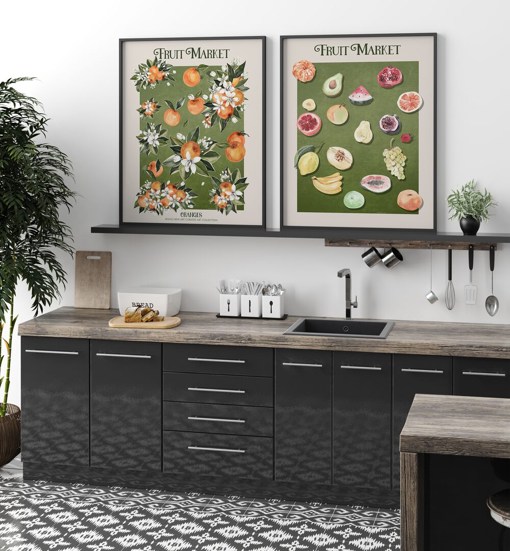 Enhance your space with the FRUIT MARKET VOL - V, SET OF 2 PAINTINGS showcasing vibrant fruit art for kitchens.