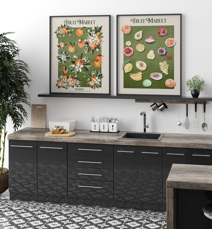 Enhance your space with the FRUIT MARKET VOL - V, SET OF 2 PAINTINGS showcasing vibrant fruit art for kitchens.