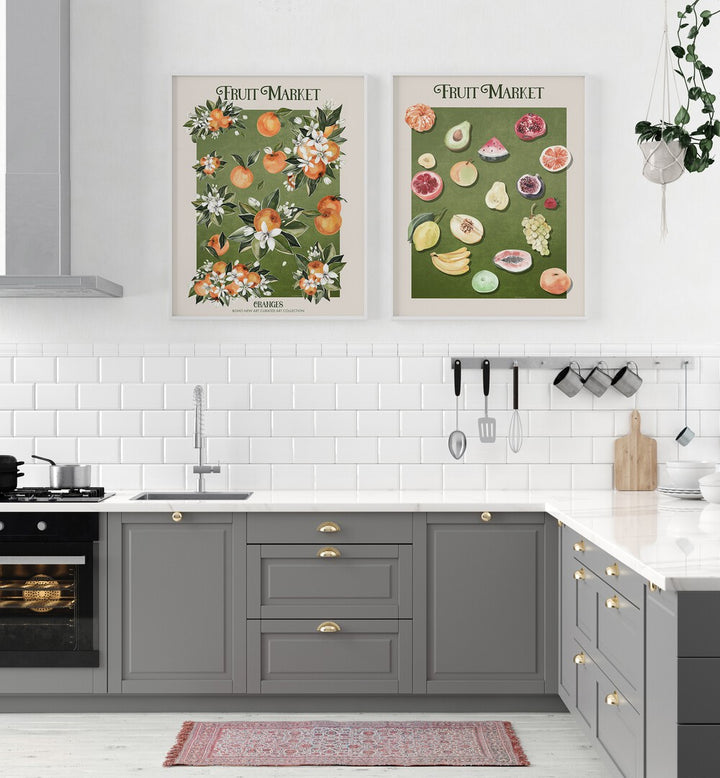 Transform your space with the FRUIT MARKET VOL - V, SET OF 2 PAINTINGS showcasing vibrant fruit art for your kitchen.