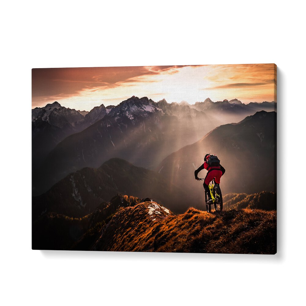 Mountain biker navigating a rugged trail at sunset, showcasing JUST RIDE, PHOTOGRAPHY PRINTS.