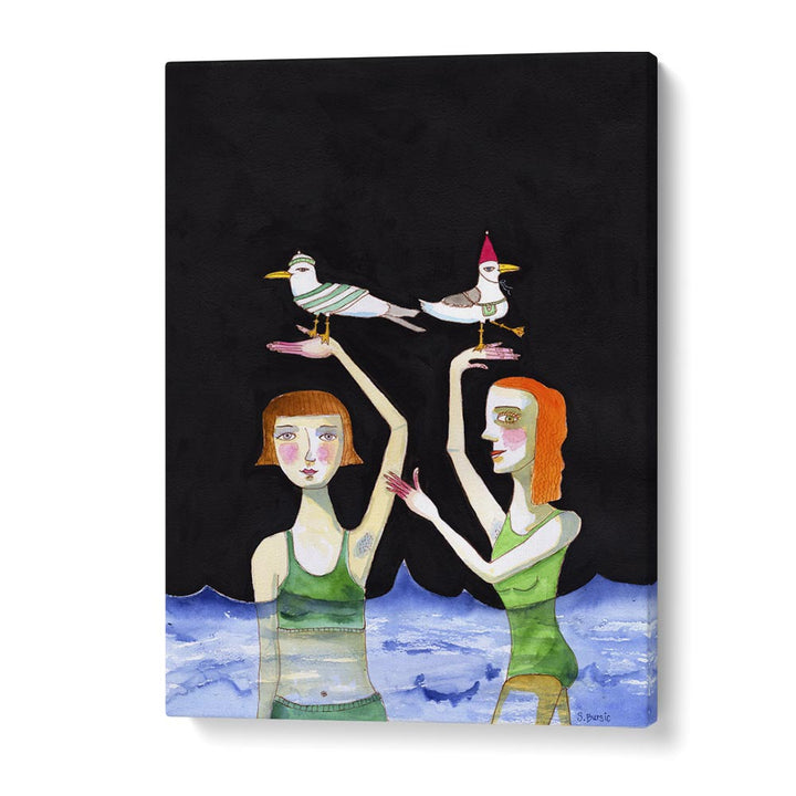 Colorful artwork of BEST FRIENDS SWIMMING WITH BIRDS by Sharyn Bursic, depicting playful girls with birds.