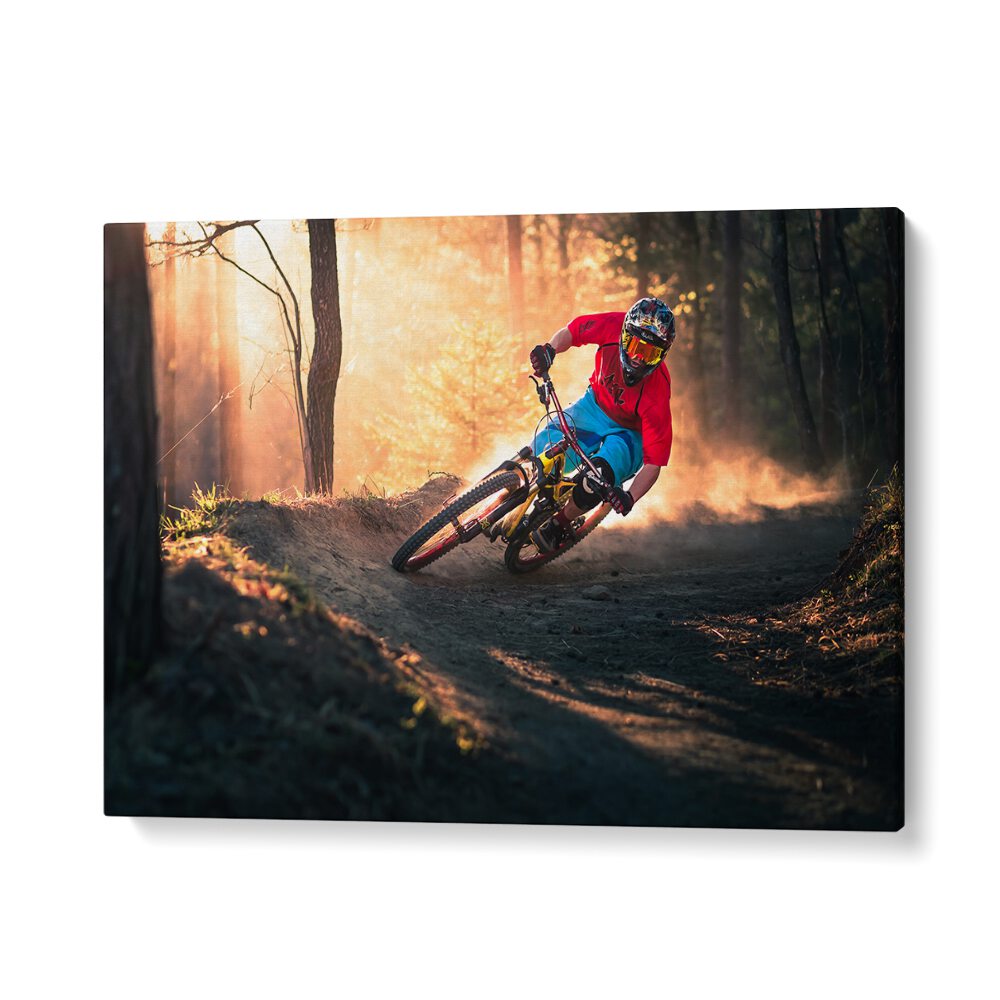 Dynamic cyclist navigating a curve in the Golden Bermed Corner, showcasing the essence of GOLDEN BERMED CORNER, PHOTOGRAPHY PRINTS.