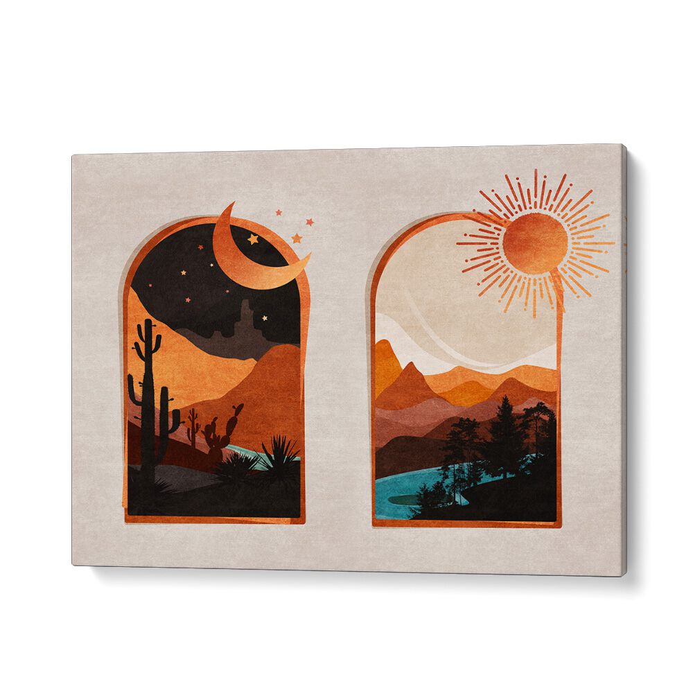 Elevate your space with ARCH, BOHO ART PAINTINGS featuring vibrant landscapes by Emel Tunaboylu on museum-grade canvas.