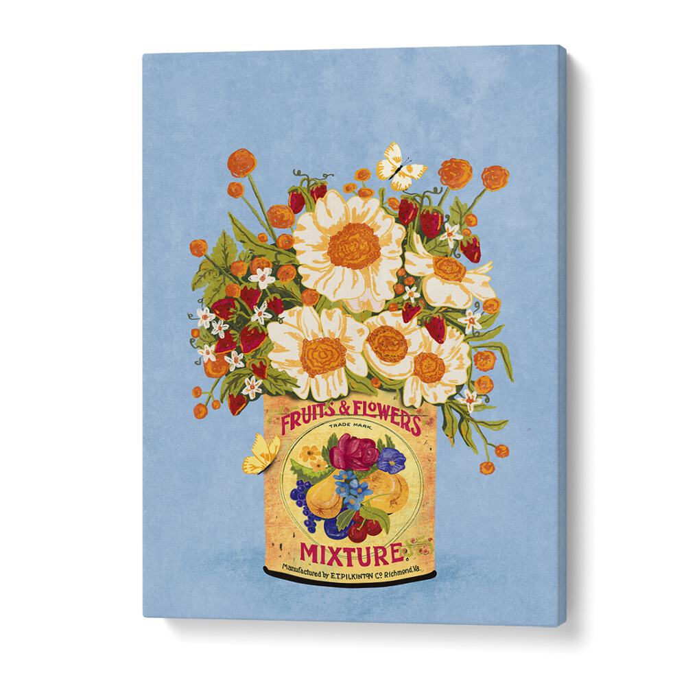 Bright and colorful floral painting titled "Flowers In A Vintage Tea Can" by Raissa Oltmanns, enhancing any decor.