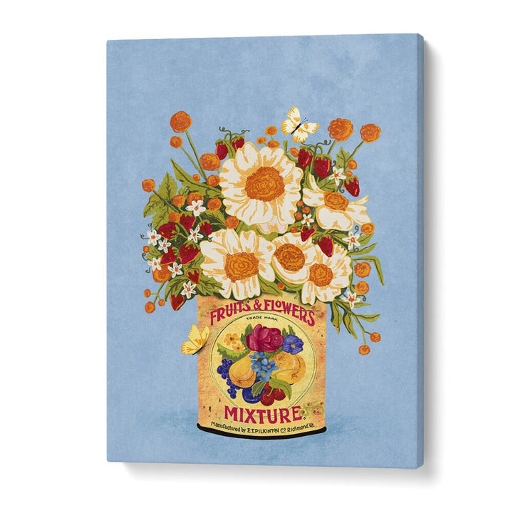 Bright and colorful floral painting titled "Flowers In A Vintage Tea Can" by Raissa Oltmanns, enhancing any decor.