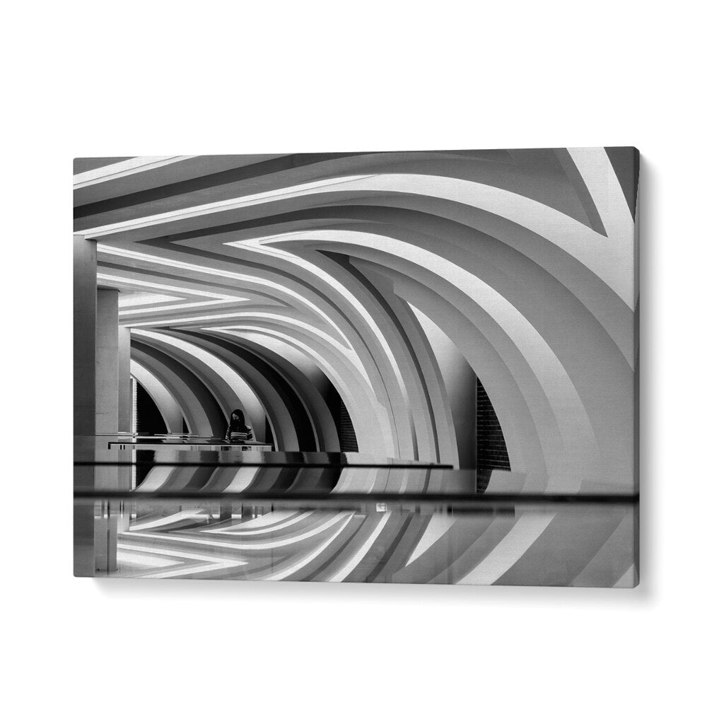 Modern architecture captured in CURVED II, PHOTOGRAPHY PRINTS, showcasing striking lines and reflections.