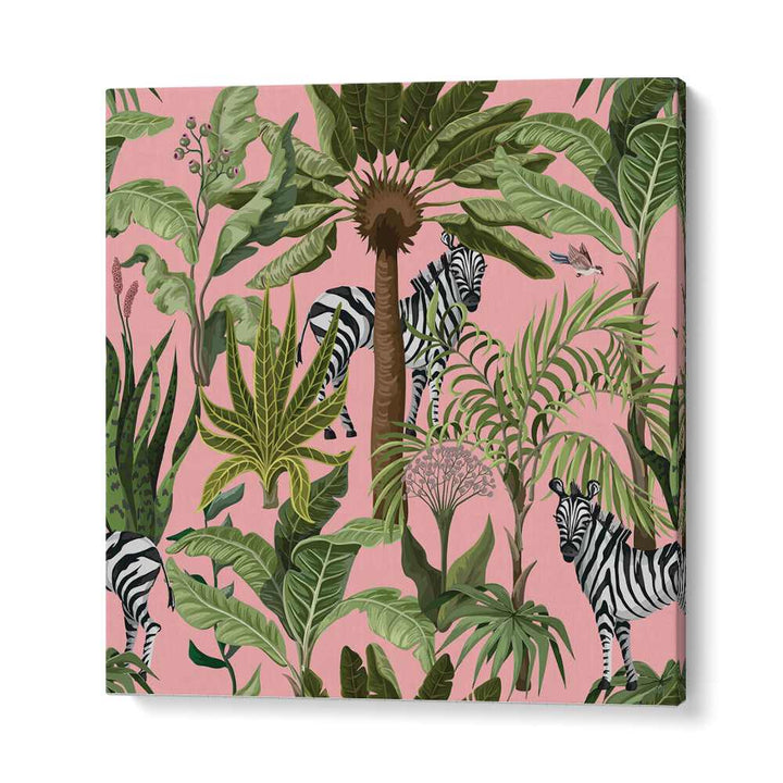 Vibrant ROAMING WITH ZEBRAS, ANIMAL PAINTINGS showcasing zebras in lush greenery, perfect for wildlife art lovers.