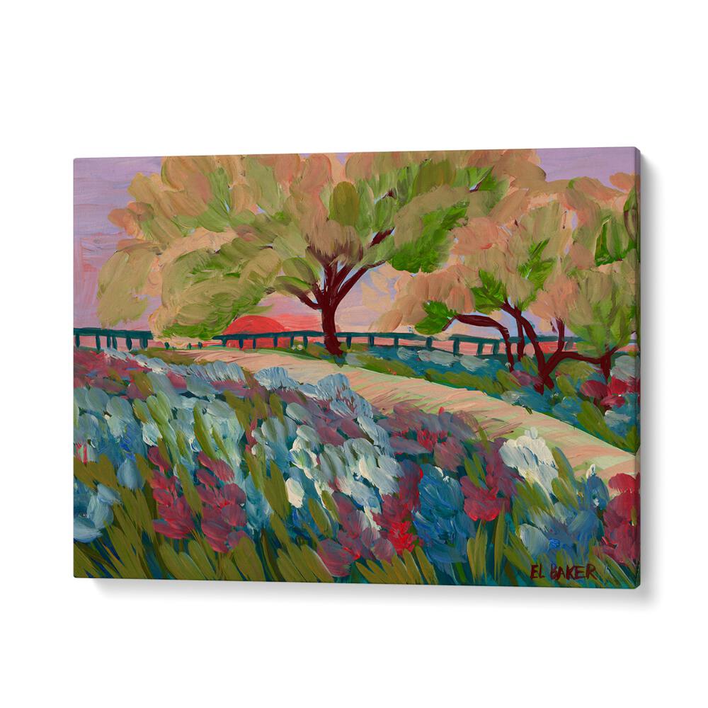 Vibrant HILL COUNTRY SUNRISE, LANDSCAPE PAINTINGS capturing serene hills and blooming flowers, perfect for your decor.