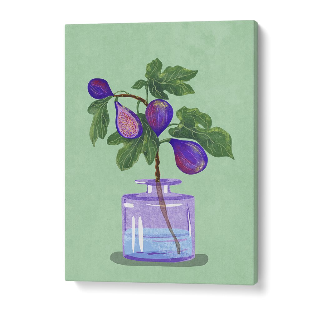 Figs Branch in Vase, Floral Flower Painting by Raissa Oltmanns showcases vibrant figs in a stylish glass vase.