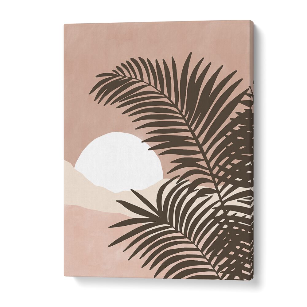 Stunning SERENE VIEW, BOHO ART PAINTINGS featuring a tranquil sunset and palm leaves, perfect for any living space.
