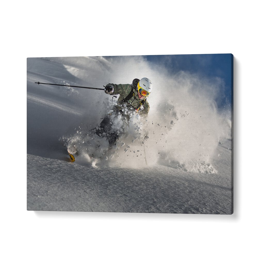 Dynamic skier carving through fresh snow, showcasing the thrill of action in GO FOR IT, PHOTOGRAPHY PRINTS.