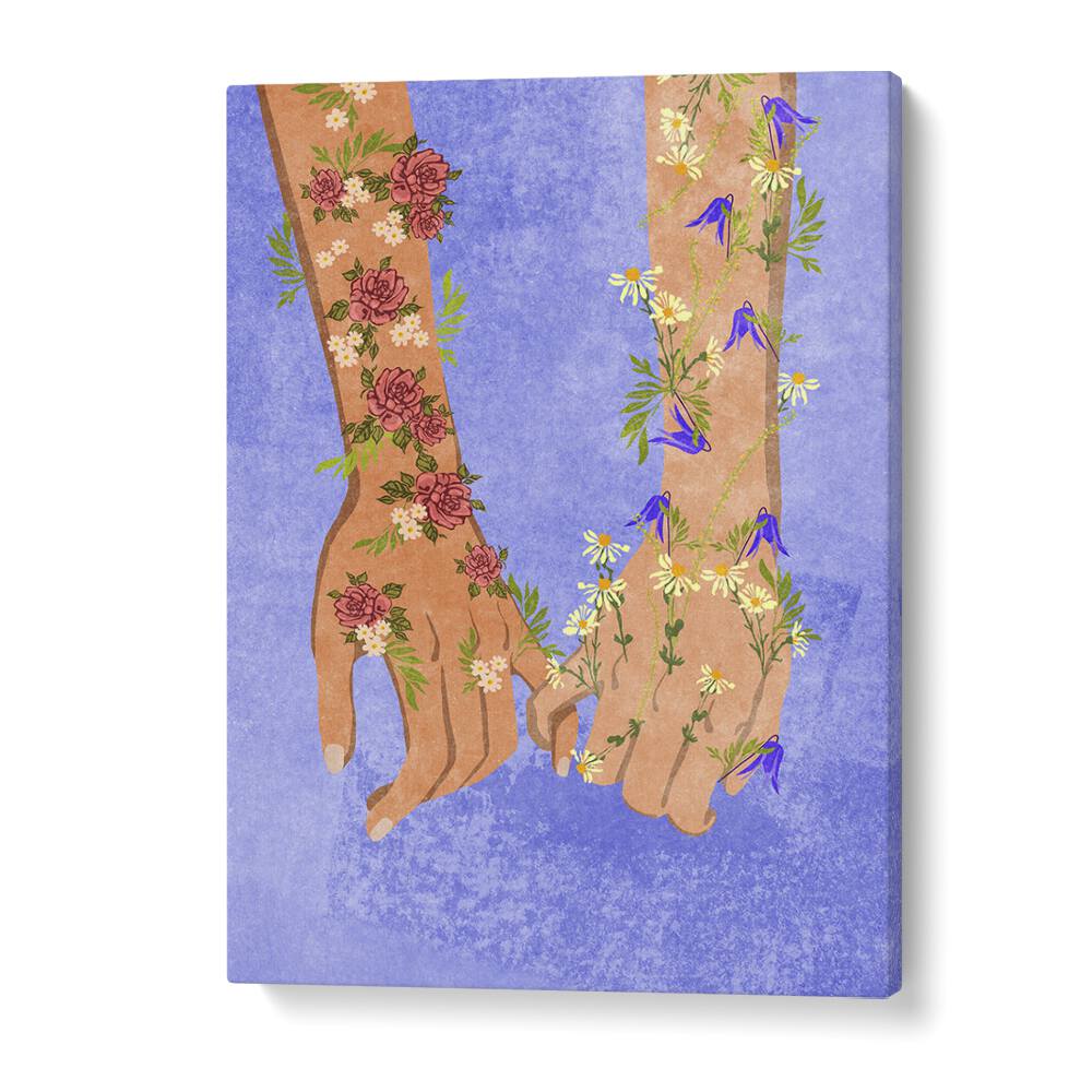 Captivating "HOLDING HANDS, FASHION POSTERS" artwork by Raissa Oltmanns, showcasing floral designs on intertwined hands.