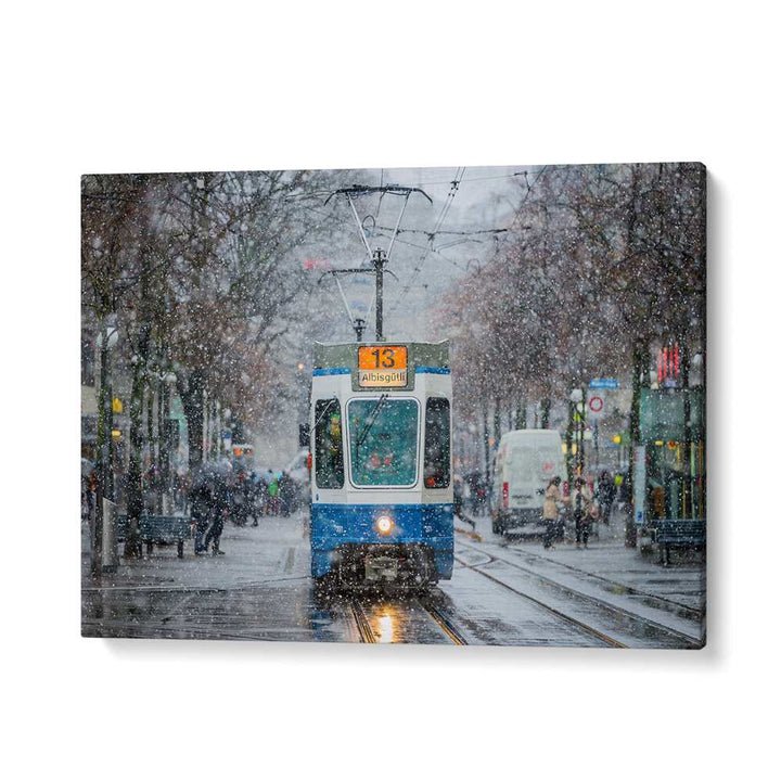 Tram in snow on a Zurich street, showcasing the charm of "MORNING IN ZURICH, PHOTOGRAPHY PRINTS" collection.