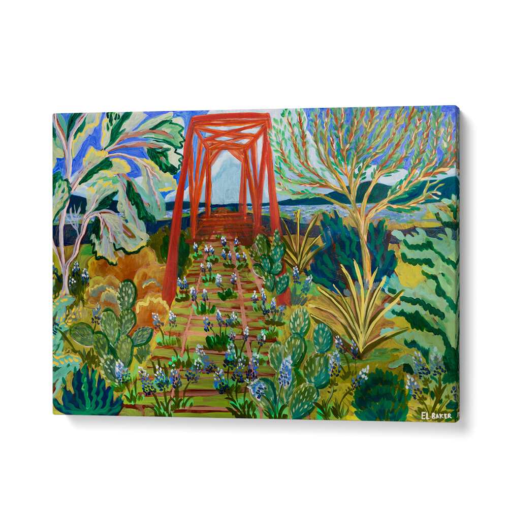 Vibrant TEXAS HILL COUNTRY BRIDGE, LANDSCAPE PAINTINGS showcasing a scenic view of lush flora and a striking red bridge.