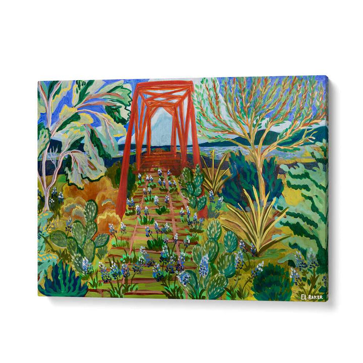Vibrant TEXAS HILL COUNTRY BRIDGE, LANDSCAPE PAINTINGS showcasing a scenic view of lush flora and a striking red bridge.