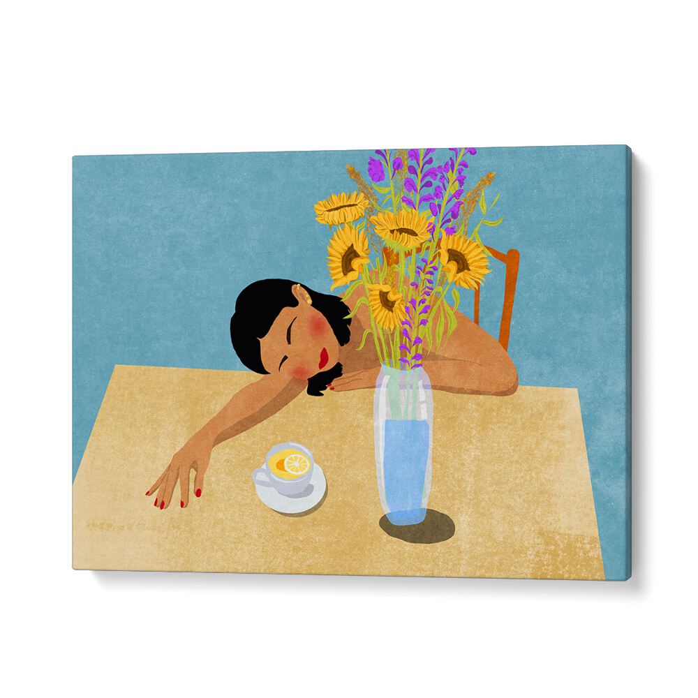 Vibrant art print "Day Dreaming" features a serene scene with flowers and a woman, perfect for any living space.