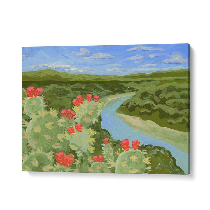 Vibrant AUSTIN HILL, LANDSCAPE PAINTINGS showcasing lush greenery and cacti against a serene river backdrop.