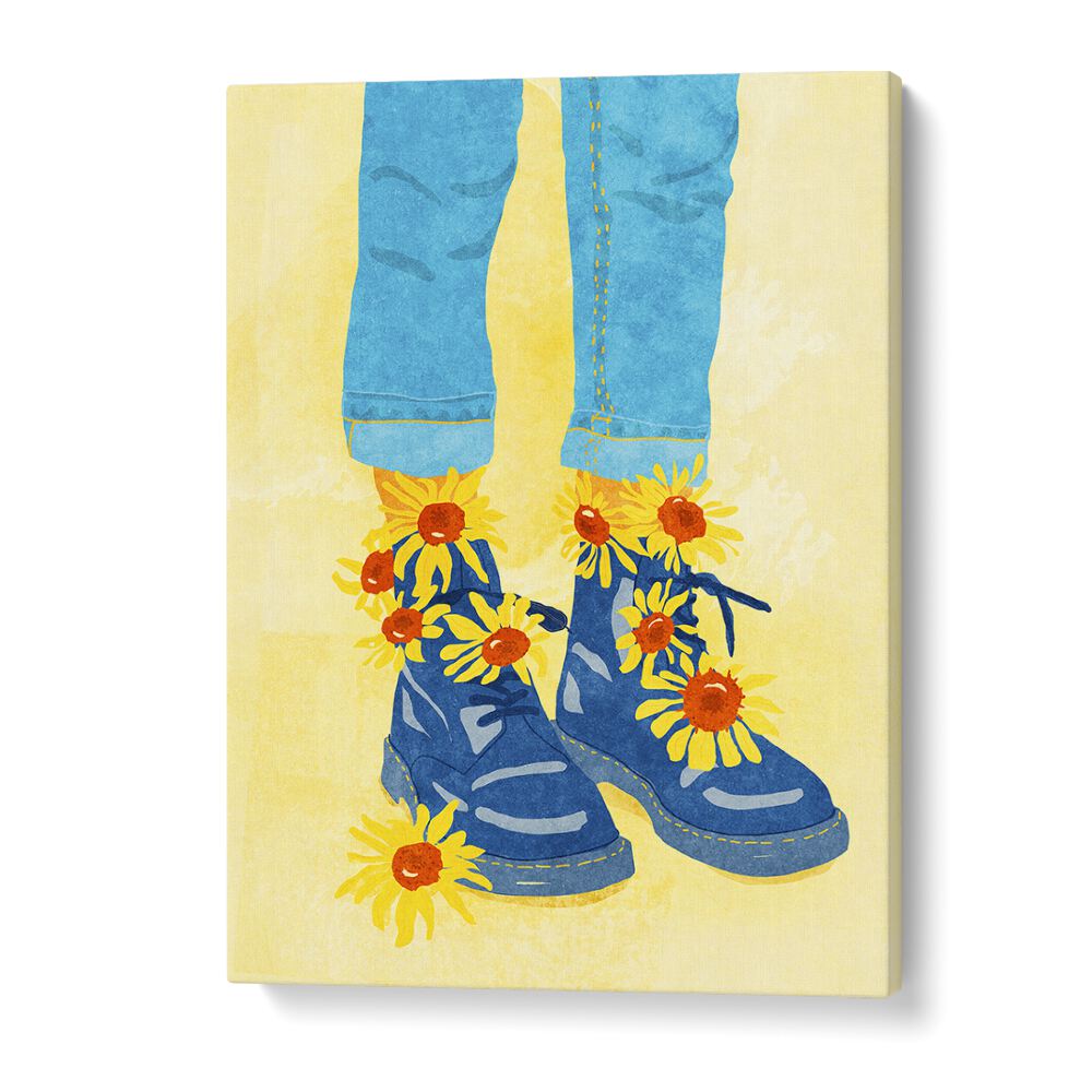 Bright blue boots adorned with sunflowers showcase the charm of SUNFLOWER WALK, FASHION POSTERS for vibrant decor.