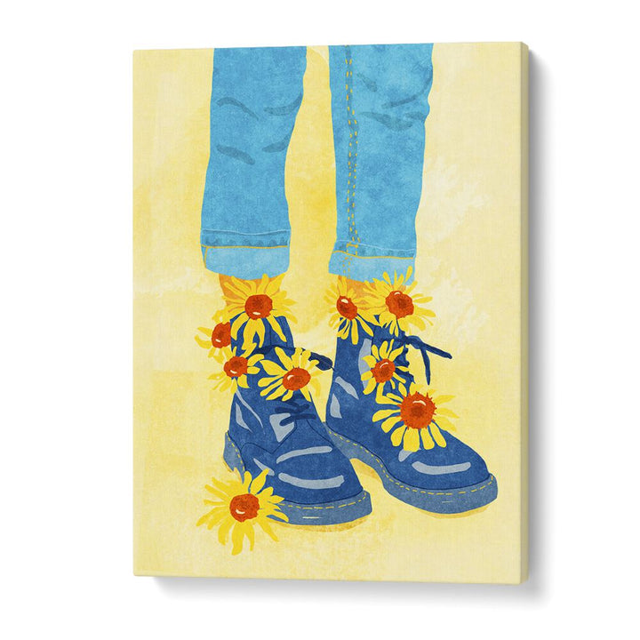 Bright blue boots adorned with sunflowers showcase the charm of SUNFLOWER WALK, FASHION POSTERS for vibrant decor.