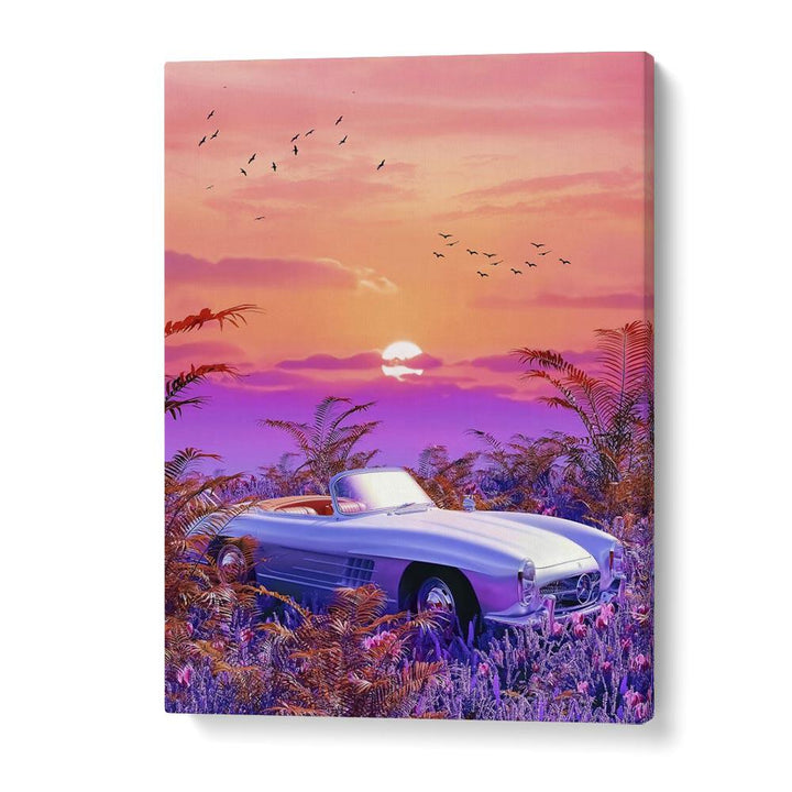 Stunning VINTAGE PARADISE, SURREAL ART PRINTS featuring a dreamy sunset and classic car in a vibrant landscape.