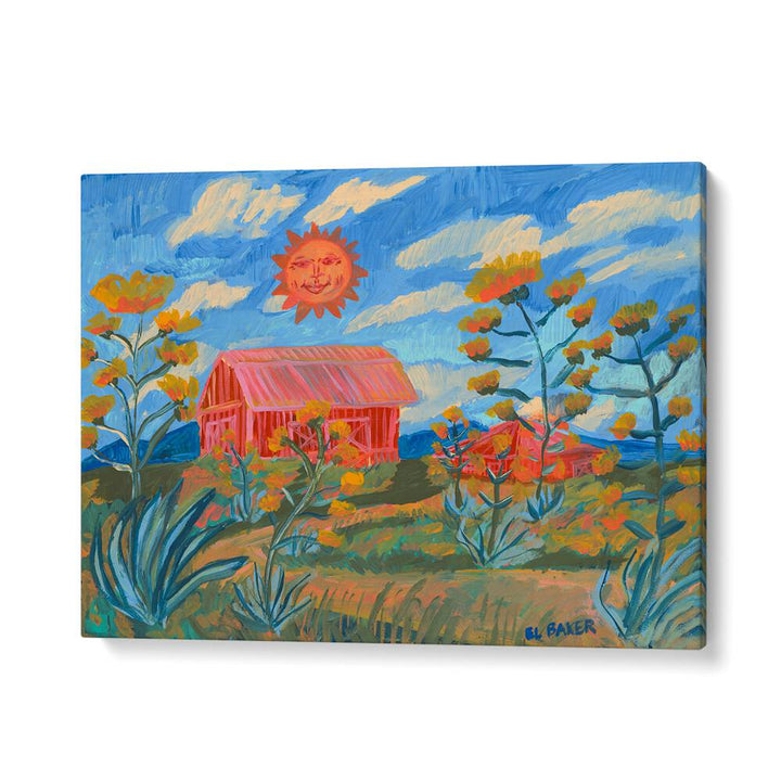 Vibrant SUNNY FARM PRINT, LANDSCAPE PAINTINGS showcasing a serene countryside scene with colorful flowers and a barn.
