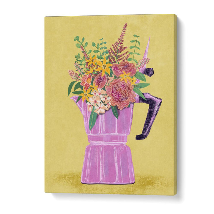 Bright floral arrangement in an espresso maker, the perfect decor piece. Discover the ESPRESSO MAKER WITH FLOWERS, FLORAL FLOWER PAINTING.