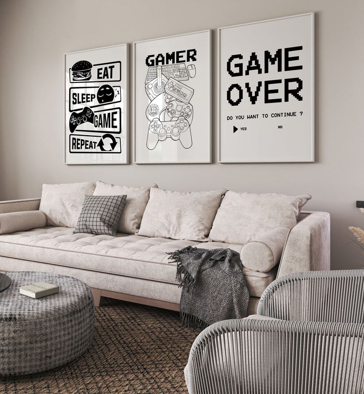 Elevate your space with GAMERS, SET OF 3 PAINTINGS featuring iconic gaming phrases and modern design.