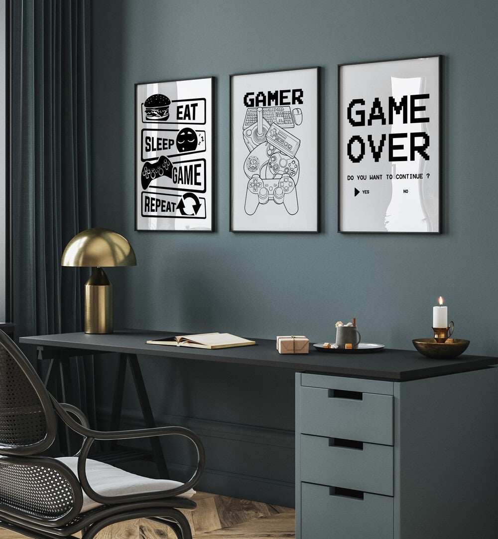 Elevate your space with GAMERS, SET OF 3 PAINTINGS featuring iconic gaming phrases and modern design.